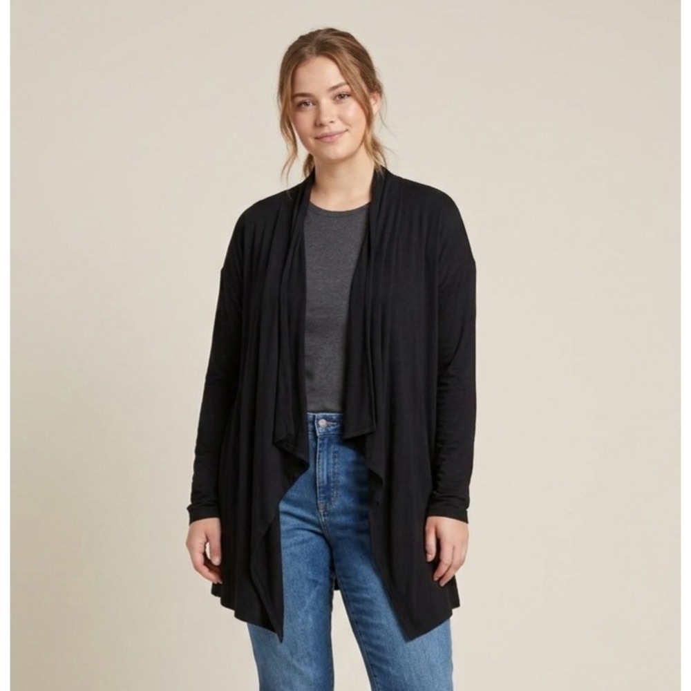 Half Moon Cardigan Medium Black Open Front Drape Neck Long Sleeve